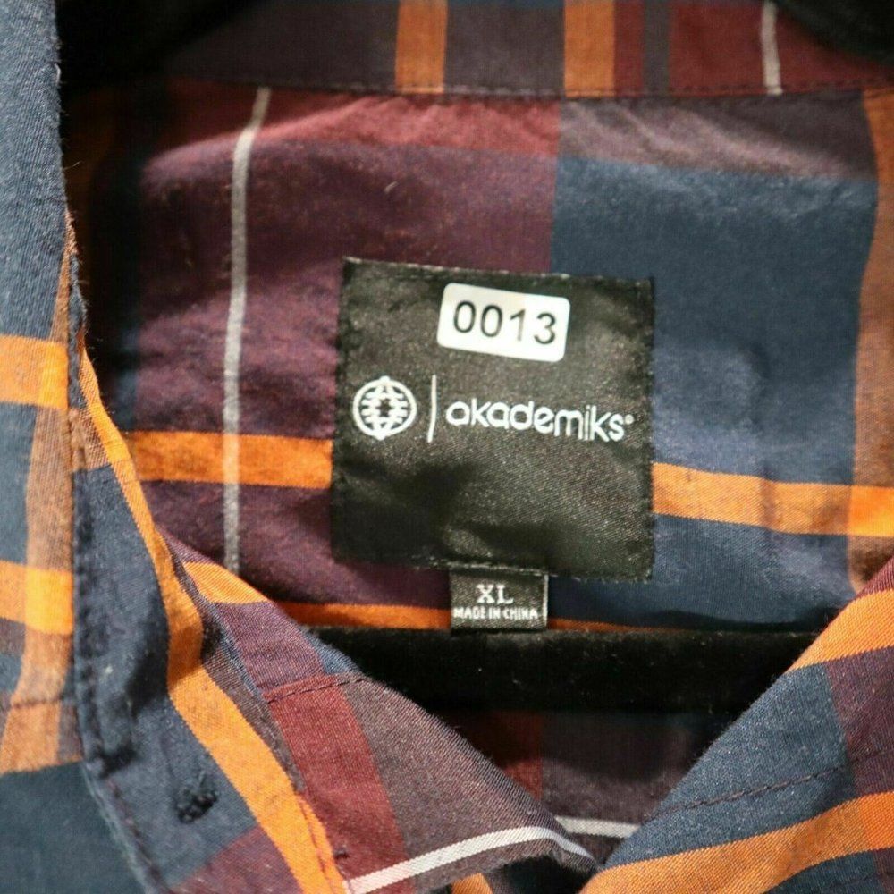 Akademiks Button UP Shirt Men XL Red oran Long Sleeve Cotton Plaid Chest Pockets - Picture 2 of 5